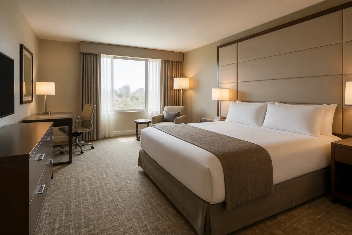 Hotel guestroom furniture package with bed, casegoods, and coordinated finishes