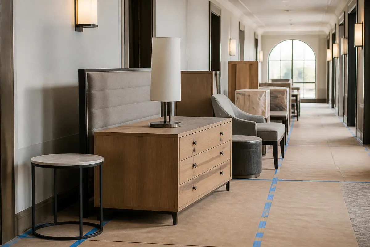 Older hotel furniture staged for removal in a corridor ahead of new casegood delivery