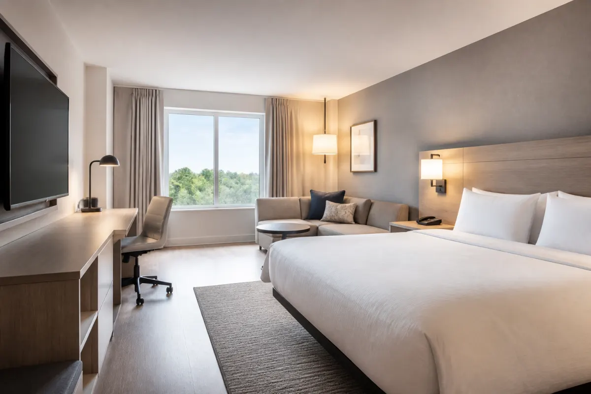 Freshly renovated hotel guest room with new generic casegoods and seating, crisp styling, wide shot
