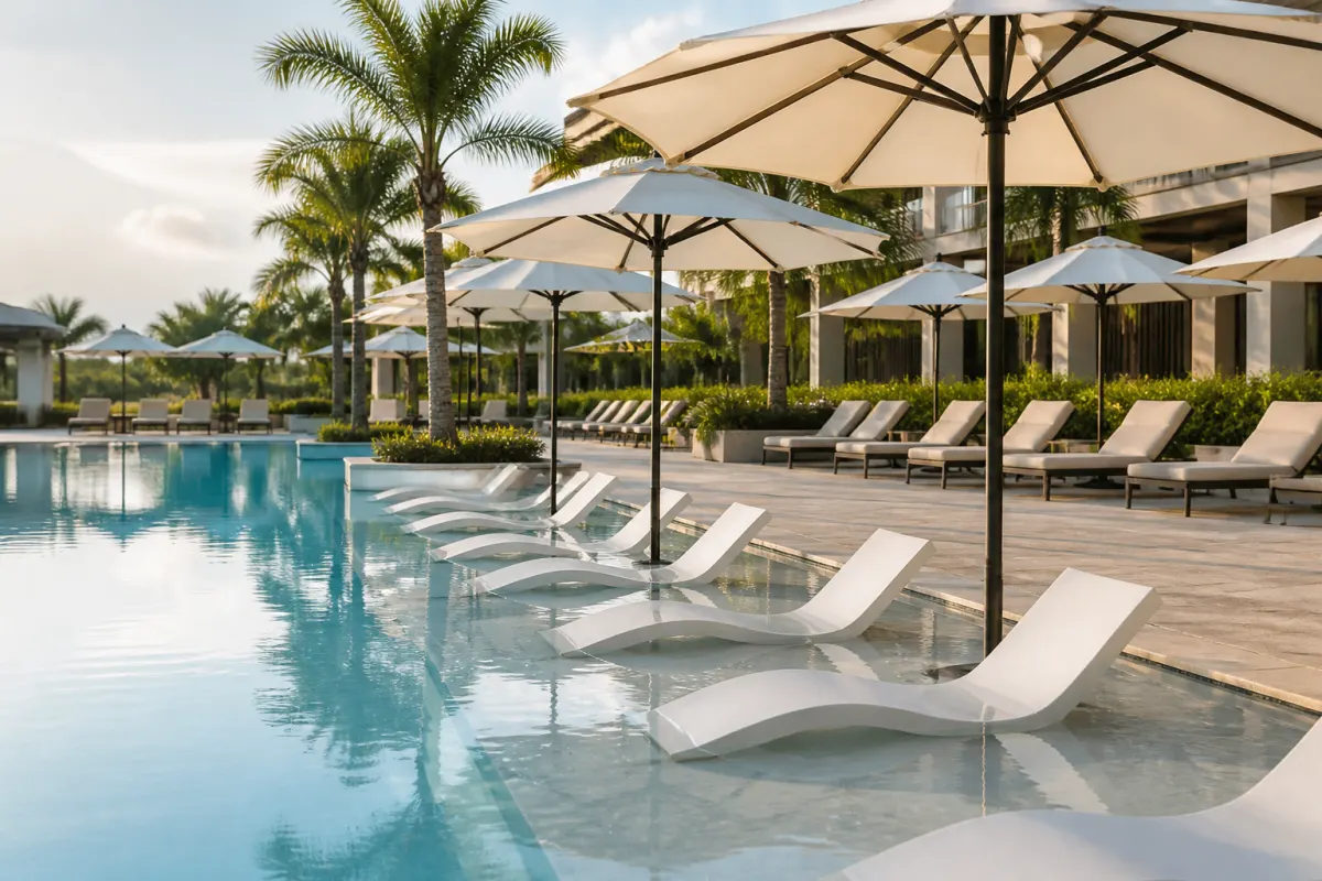 Resort pool deck lined with generic in pool style loungers and shade umbrellas, morning light, empty and pristine