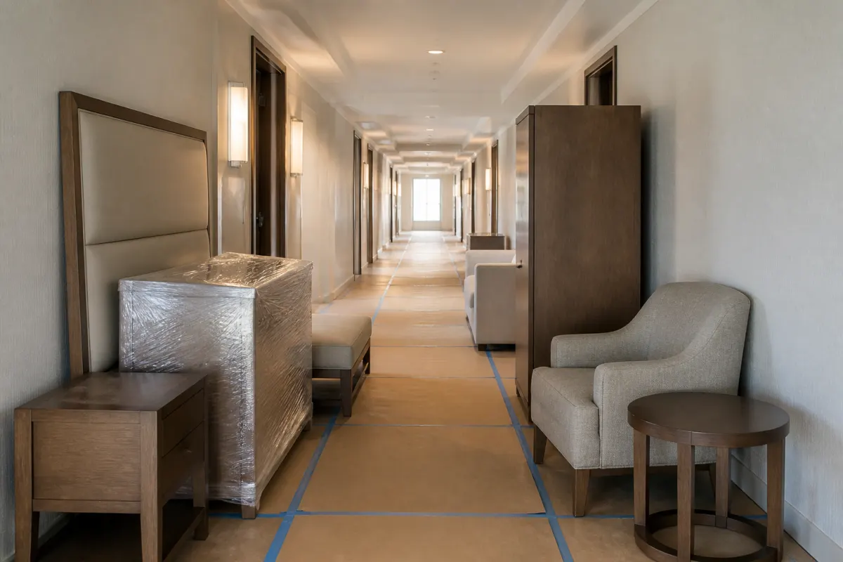Hotel corridor during a renovation with guest room furniture staged neatly on protective floor covering
