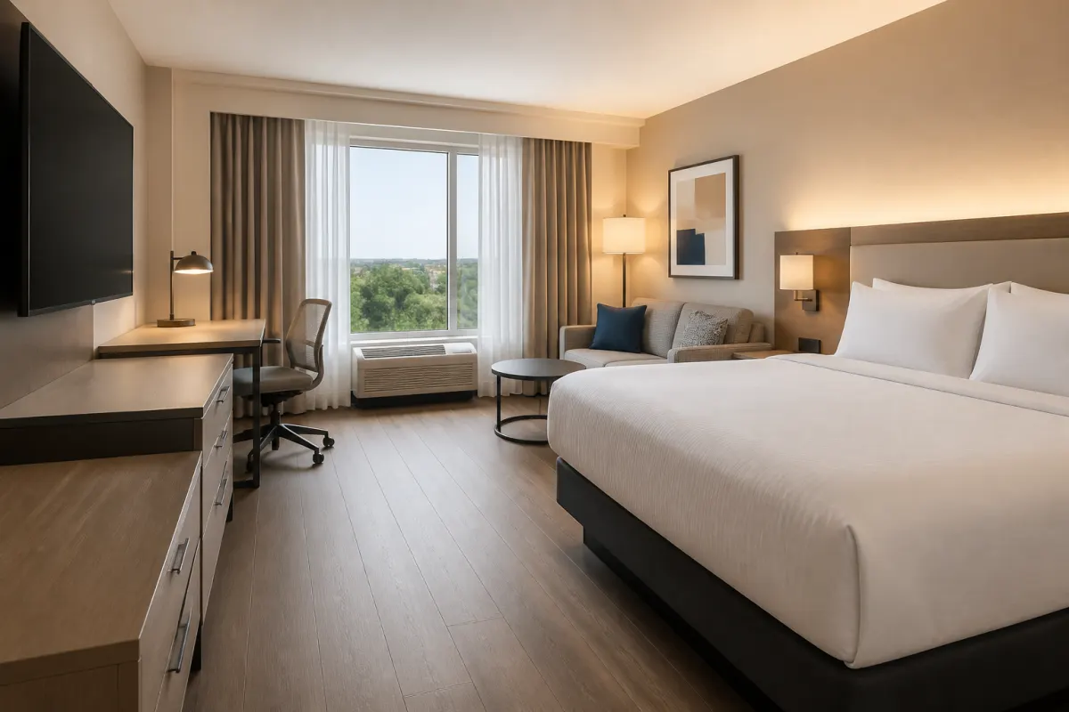 Freshly renovated hotel guest room with new generic casegoods and seating, crisp styling, wide shot
