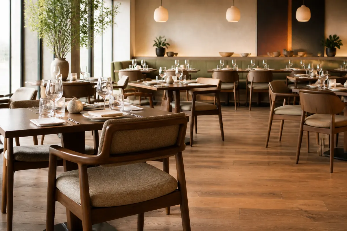 Restaurant dining room with matching wood frame chairs at set tables, warm editorial light