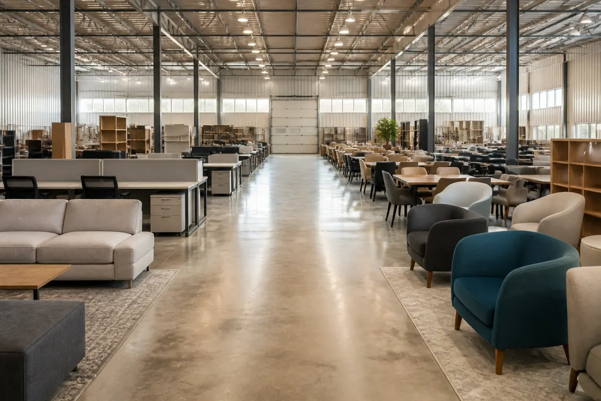 Warehouse showroom aisle with assembled commercial furniture displayed in clean rows, even daylight