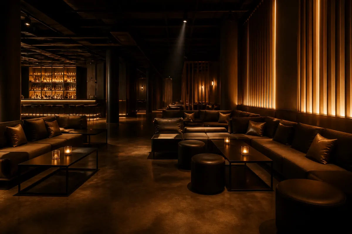 Nightclub lounge with low modular banquettes and small cocktail tables, dramatic warm accent lighting, empty room