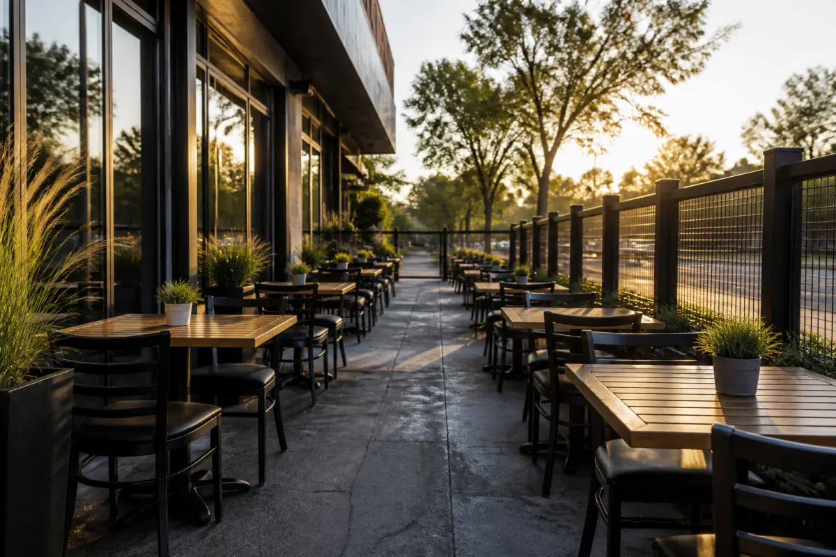 Fenced sidewalk dining area with rows of outdoor tables and chairs, golden hour, no signage