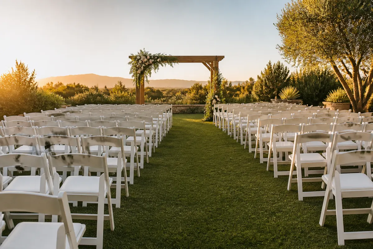 Outdoor wedding venue lawn with rows of generic resin chairs facing a simple arbor, golden hour light
