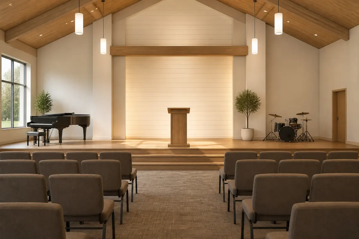 Wide view of a church platform area with a simple wooden lectern and clean open stage, seen from the middle of the seating rows