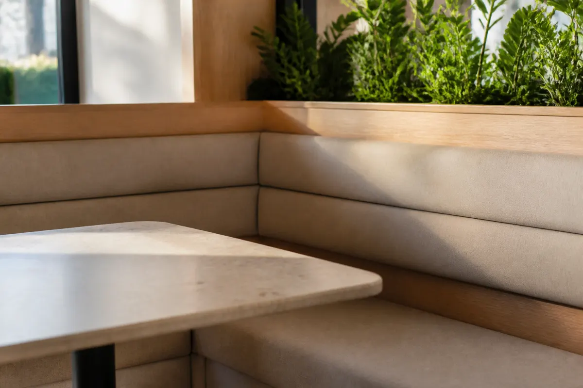 Close angle on a corner booth with generic upholstered benches and a laminate table, clean styling