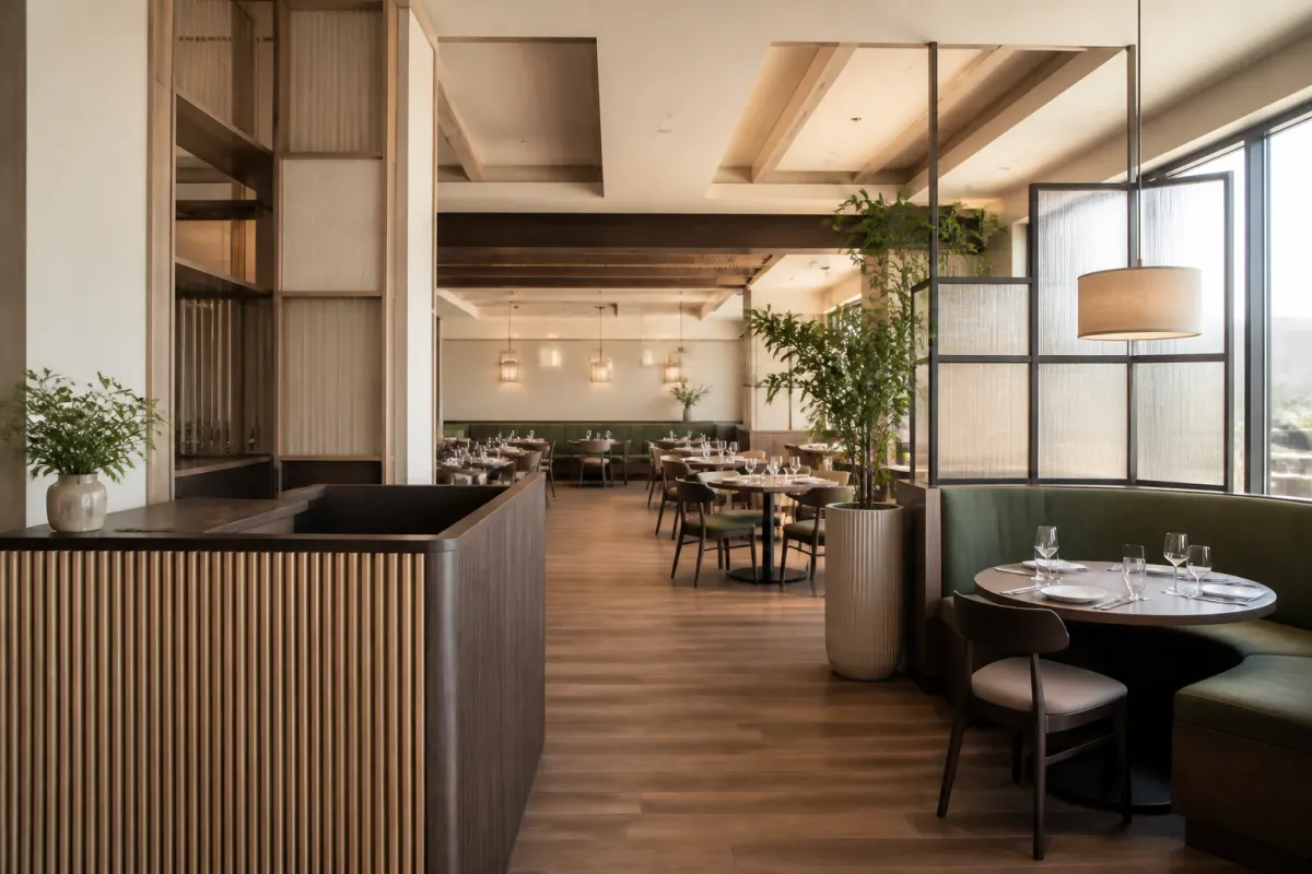 Dining room zone with tables spaced for service flow, viewed from the host stand area