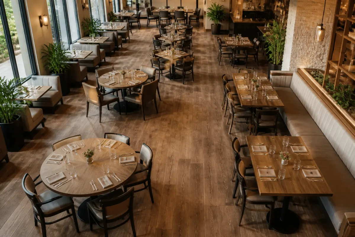Restaurant floor with a mix of round and rectangular tables showing clear circulation aisles, wide overhead style angle