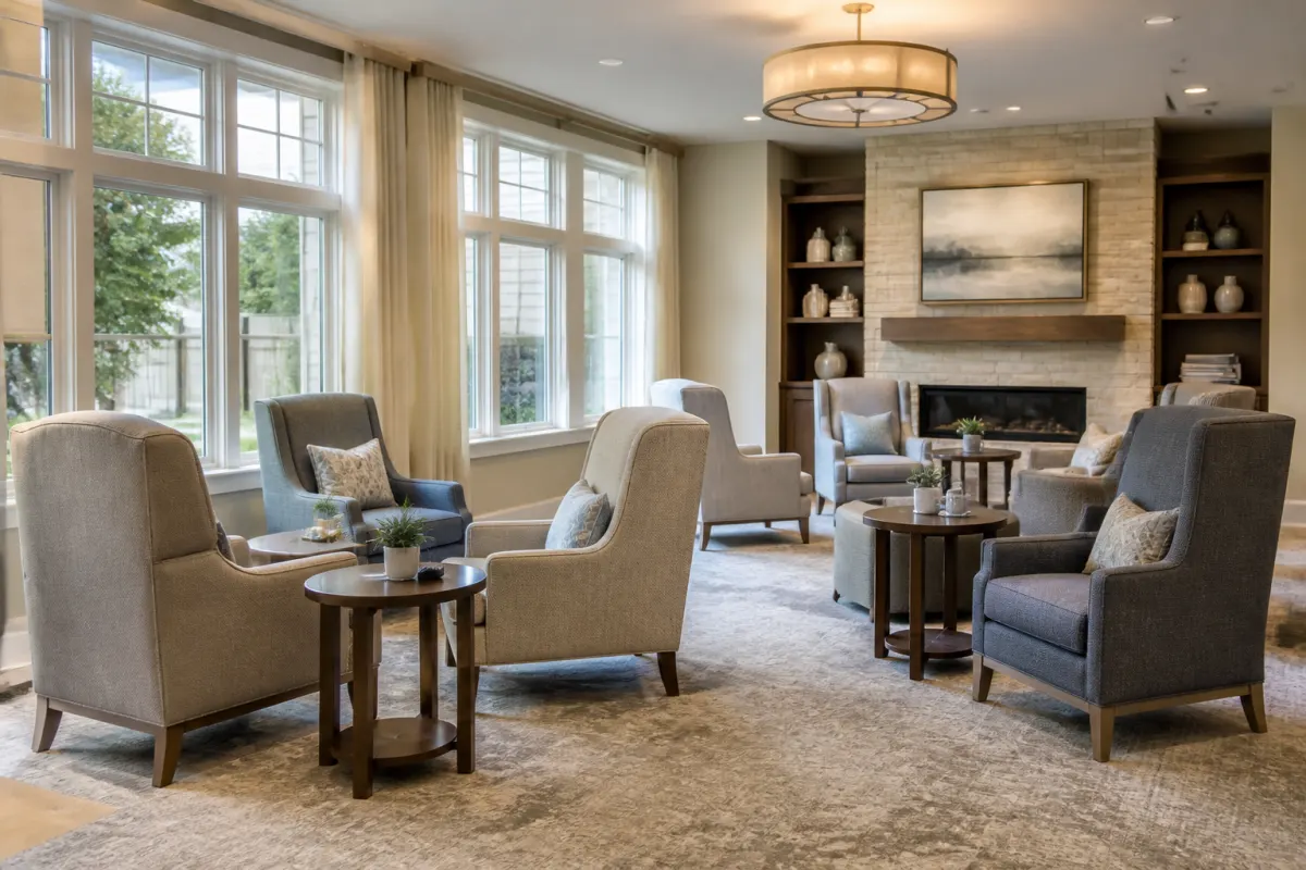 Senior living community lounge with supportive high back armchairs and sturdy side tables, bright and welcoming