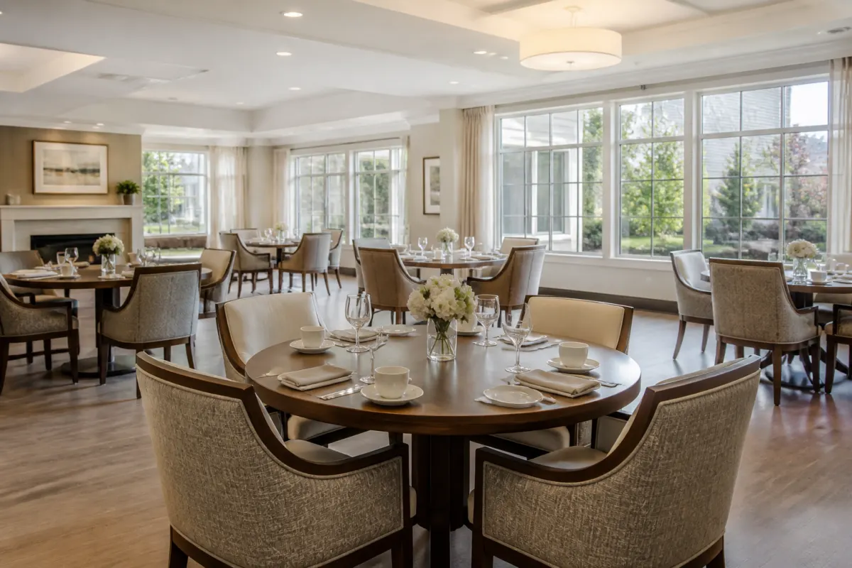 Senior residence dining room with comfortable upholstered chairs at round tables, generous spacing between tables