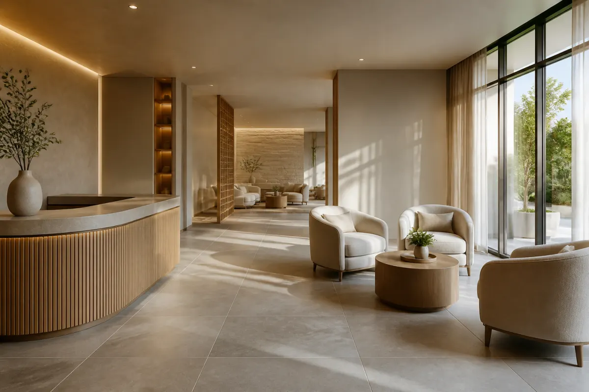 Spa reception lounge with serene neutral toned seating and soft natural light, minimalist styling