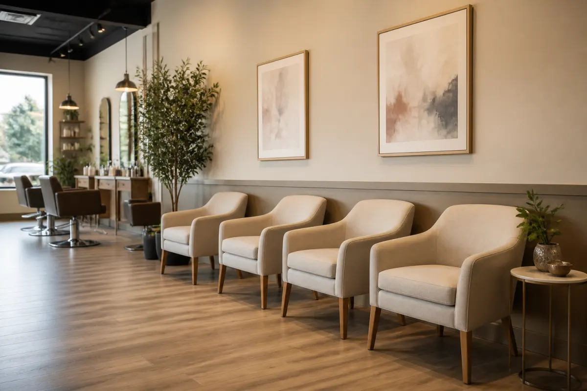 Salon waiting area with a row of upholstered chairs along a calm neutral wall, wide angle