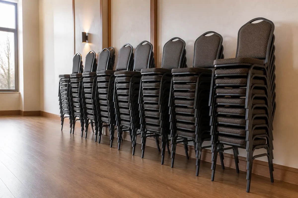 Tall neat stacks of generic commercial stacking chairs along the wall of an event room, clean and orderly
