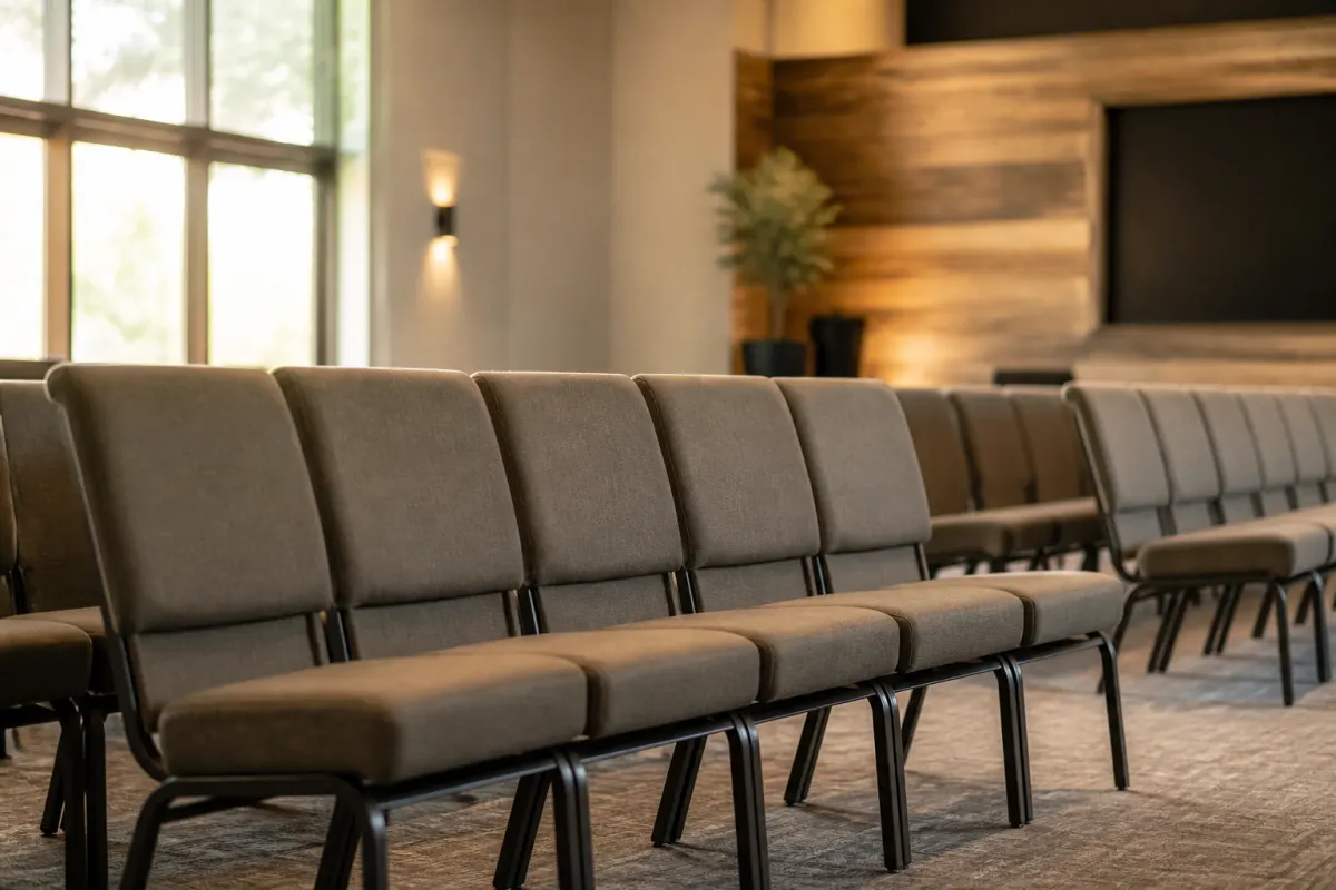 Rows of padded upholstered church chairs ganged together in a modern sanctuary, warm neutral tones
