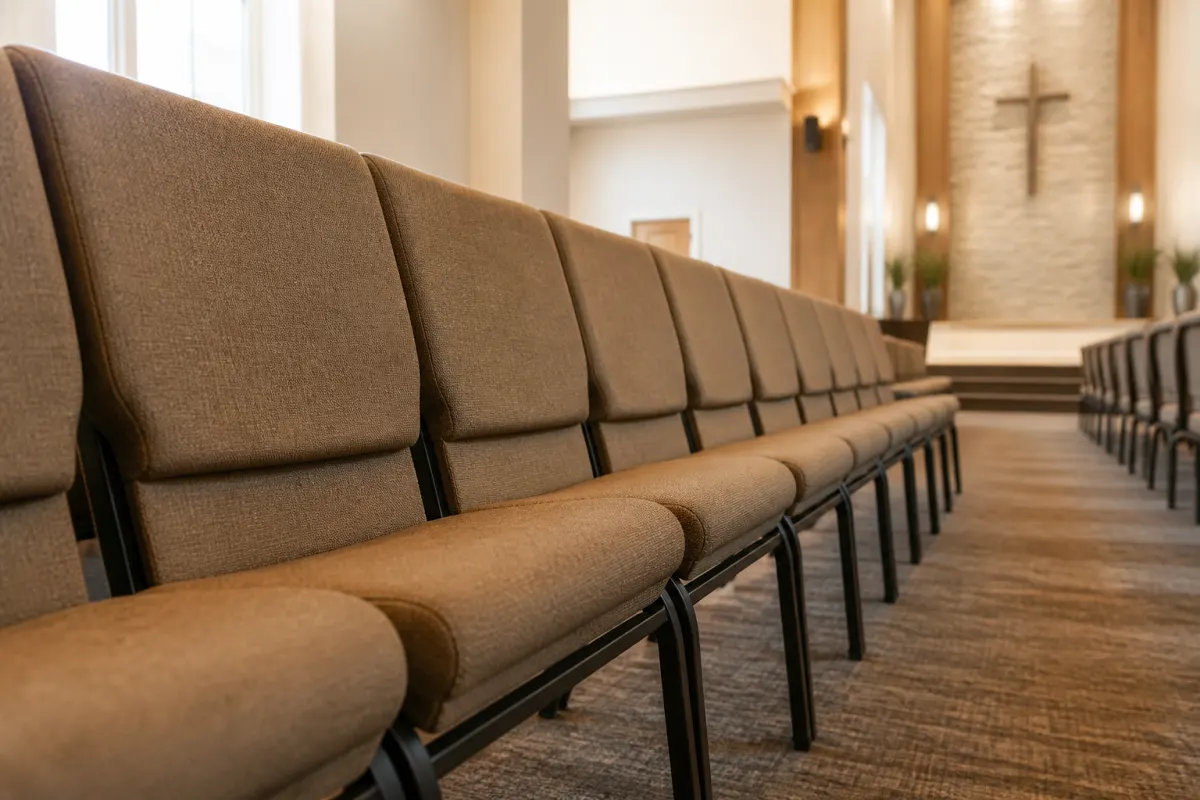 Close angle down a row of generic padded church chairs showing clean upholstery and metal frames, sanctuary softly lit behind