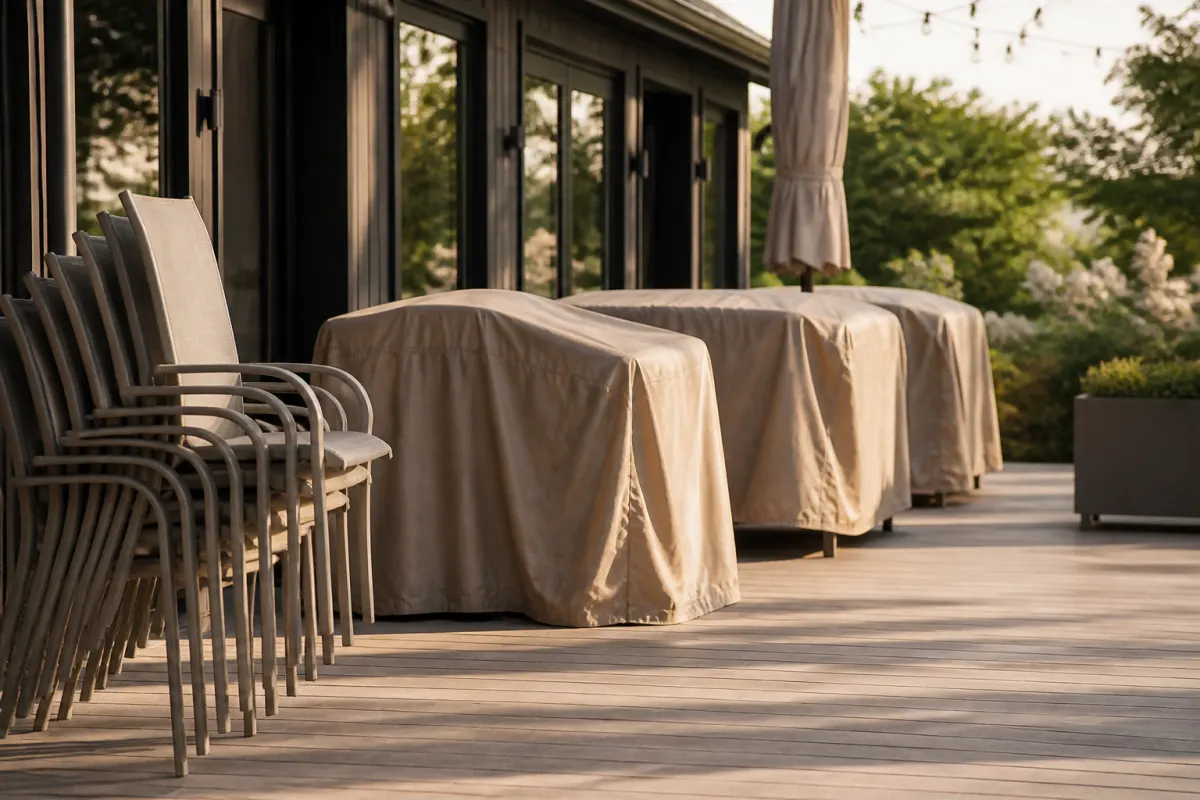Stacked outdoor chairs and covered patio furniture staged for the season on a clean terrace