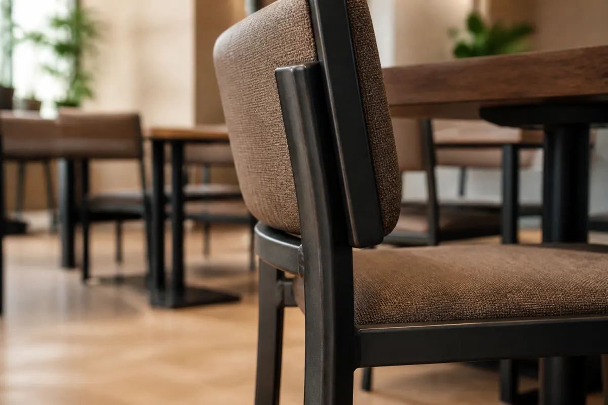 Detail angle of a welded metal chair frame and upholstered seat in a commercial dining room setting
