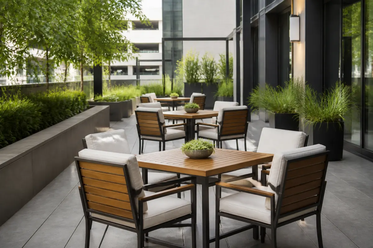 Commercial hotel patio with generic teak look and metal outdoor furniture groupings, landscaped surroundings
