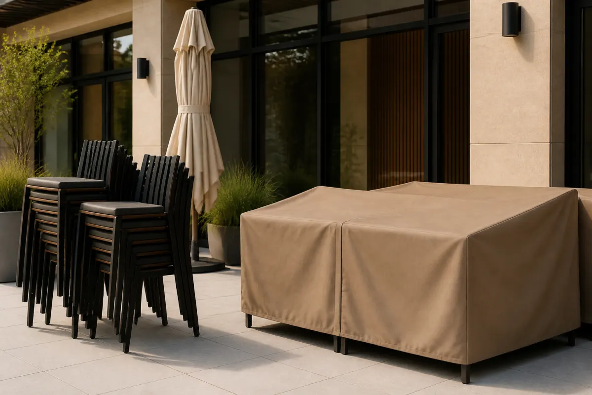 Stacked outdoor chairs and covered patio furniture staged for the season on a clean terrace
