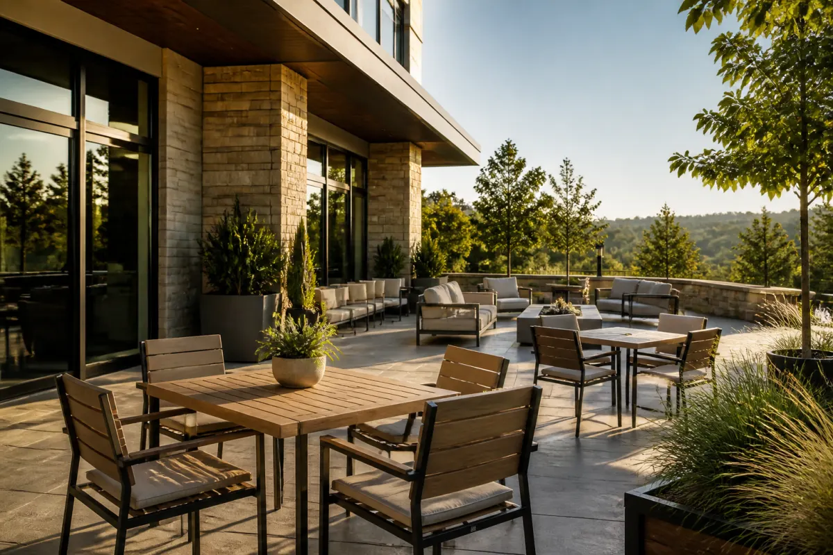 Commercial hotel patio with generic teak look and metal outdoor furniture groupings, landscaped surroundings