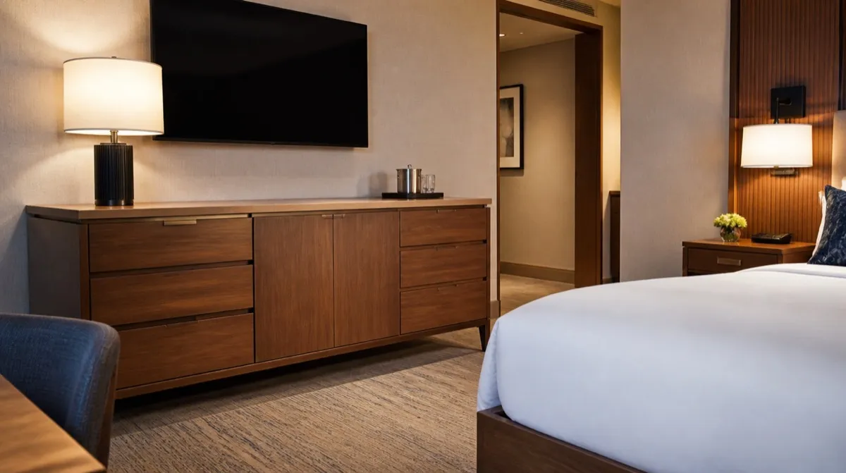 Hotel casegoods guide showing coordinated guest room furniture package including headboard, nightstands, and dresser