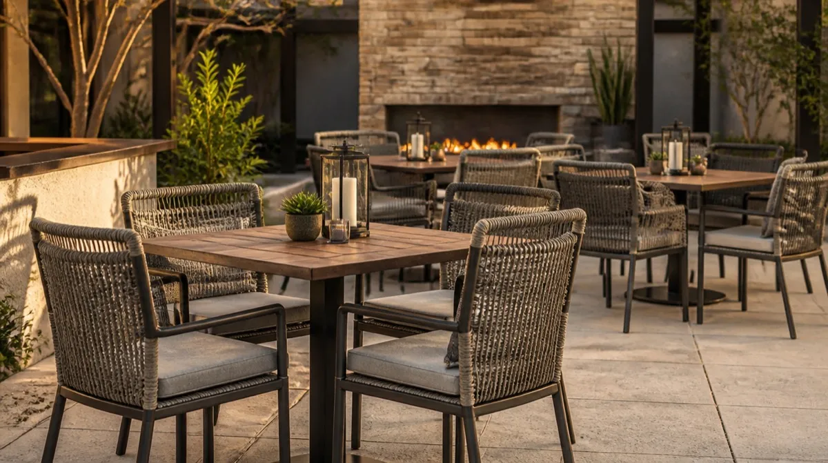 Outdoor restaurant patio dining area showing matched table and chair sets