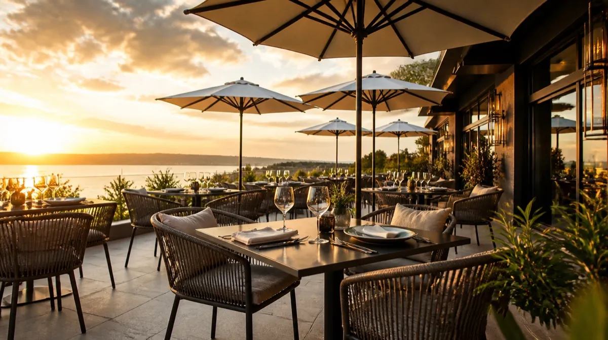 Outdoor restaurant patio seating with stacked chairs showing commercial outdoor seating setup