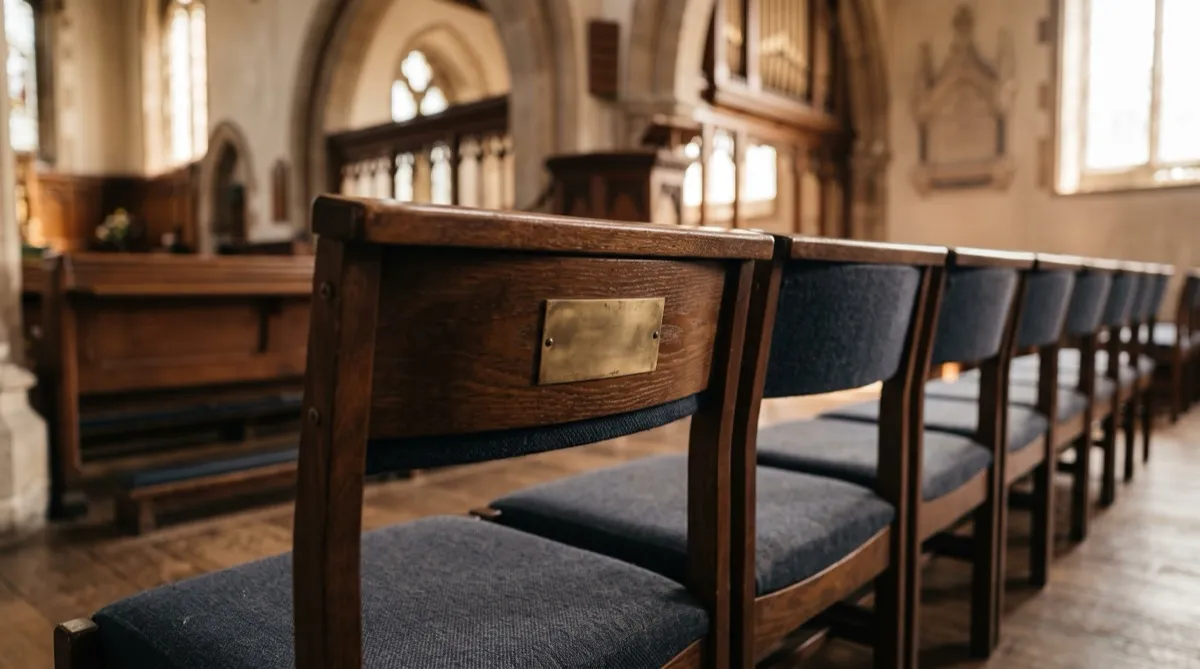 a small blank metal plaque mounted on the back of a sanctuary chair, its engraving left undefined and out of focus, positioned among a full 