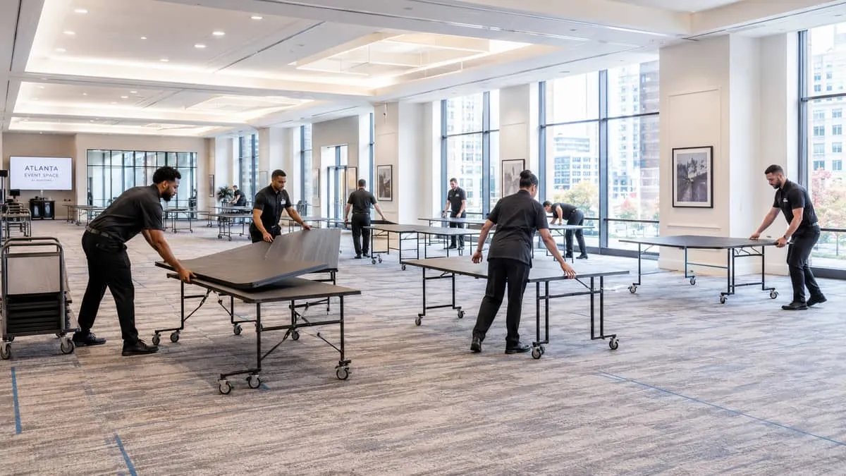 Commercial folding tables for Atlanta event venue showing reinforced steel hinge construction and high-pressure laminate surface in round and rectangular formats