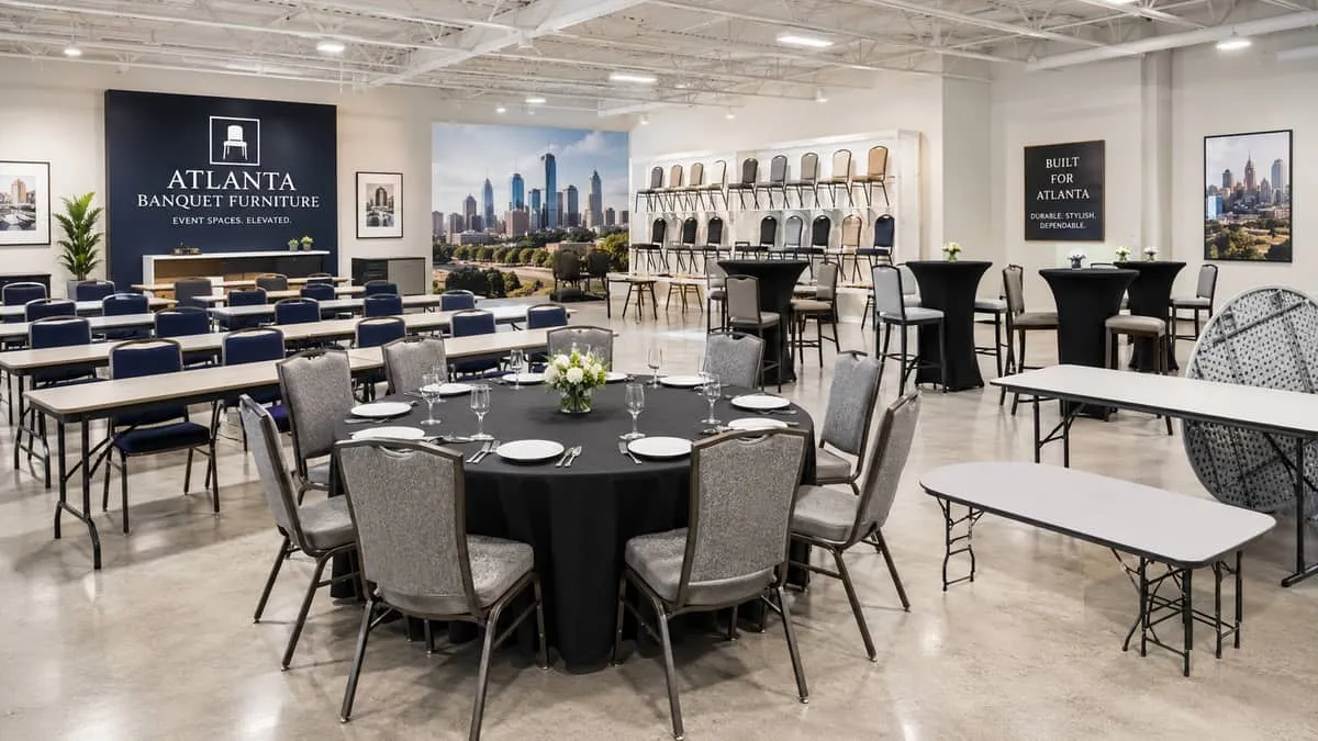 Atlanta event venue banquet furniture storage showing stacked chairs on dollies in back-of-house storage bay with space-efficient layout