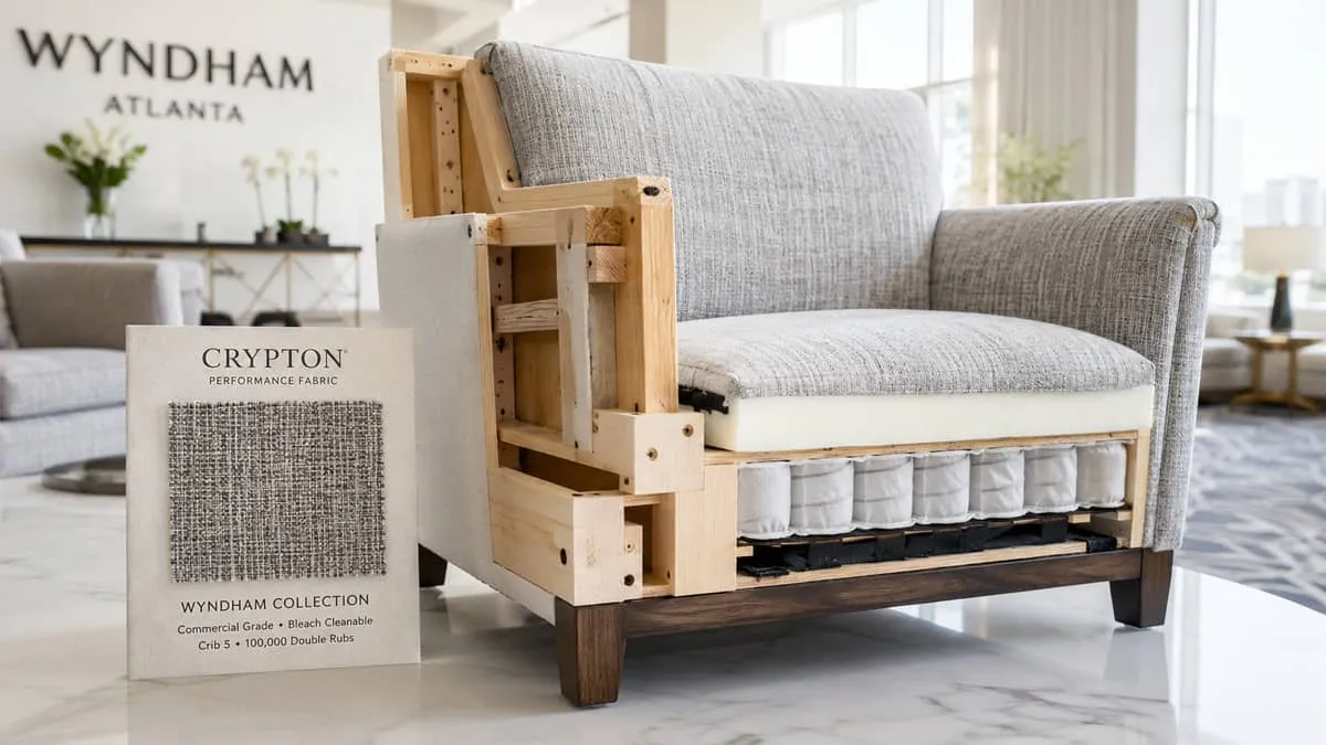 Atlanta boutique hotel renovation showing refreshed upholstery program on original frames with updated fabric and finish details