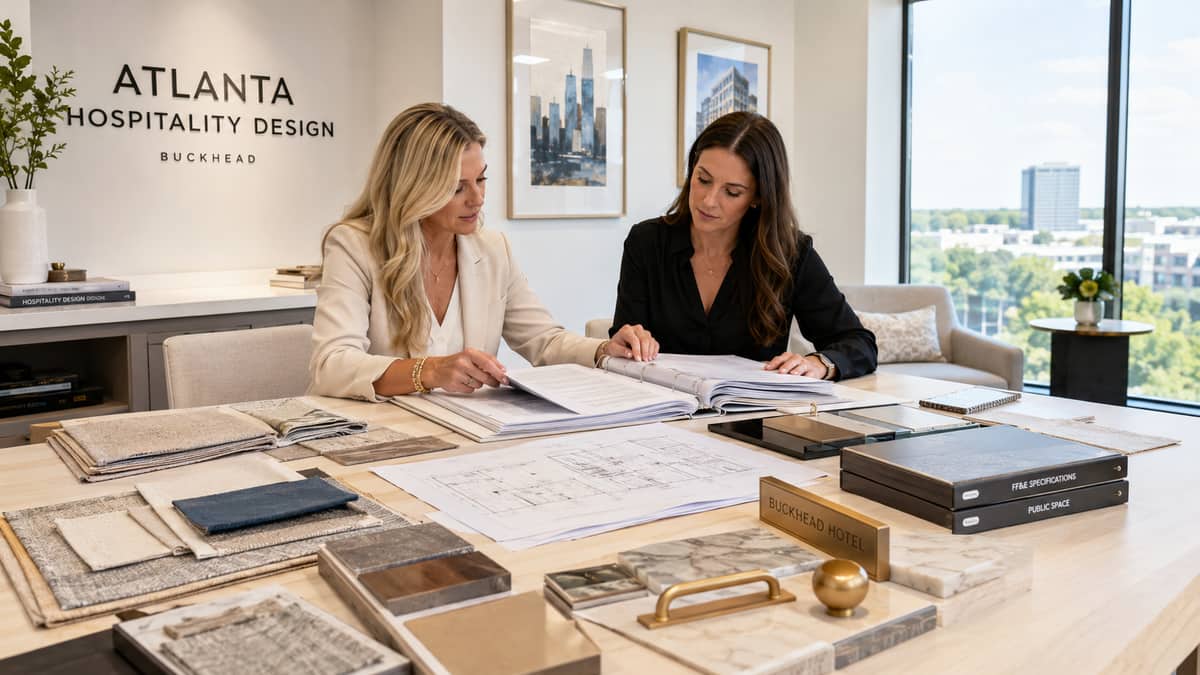 FF&E scope documentation for a West Palm Beach hotel project showing furniture fixtures and equipment categories organized by area