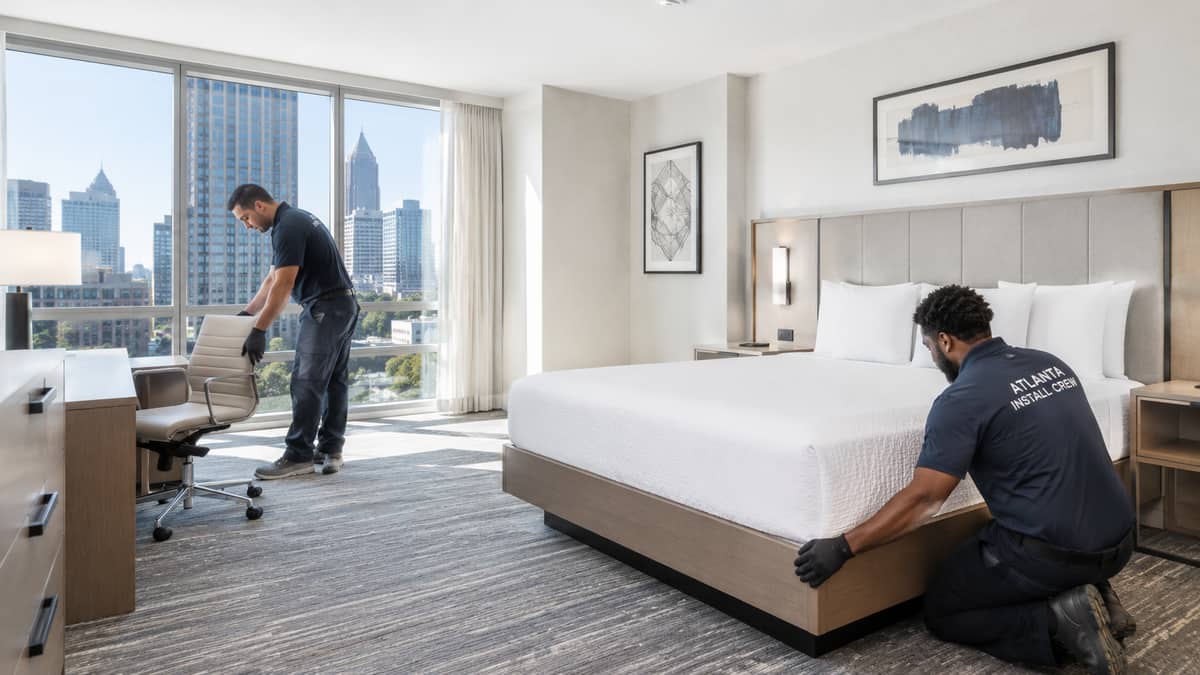 Hotel furniture delivery and installation in occupied Anchorage property showing white-glove logistics coordination