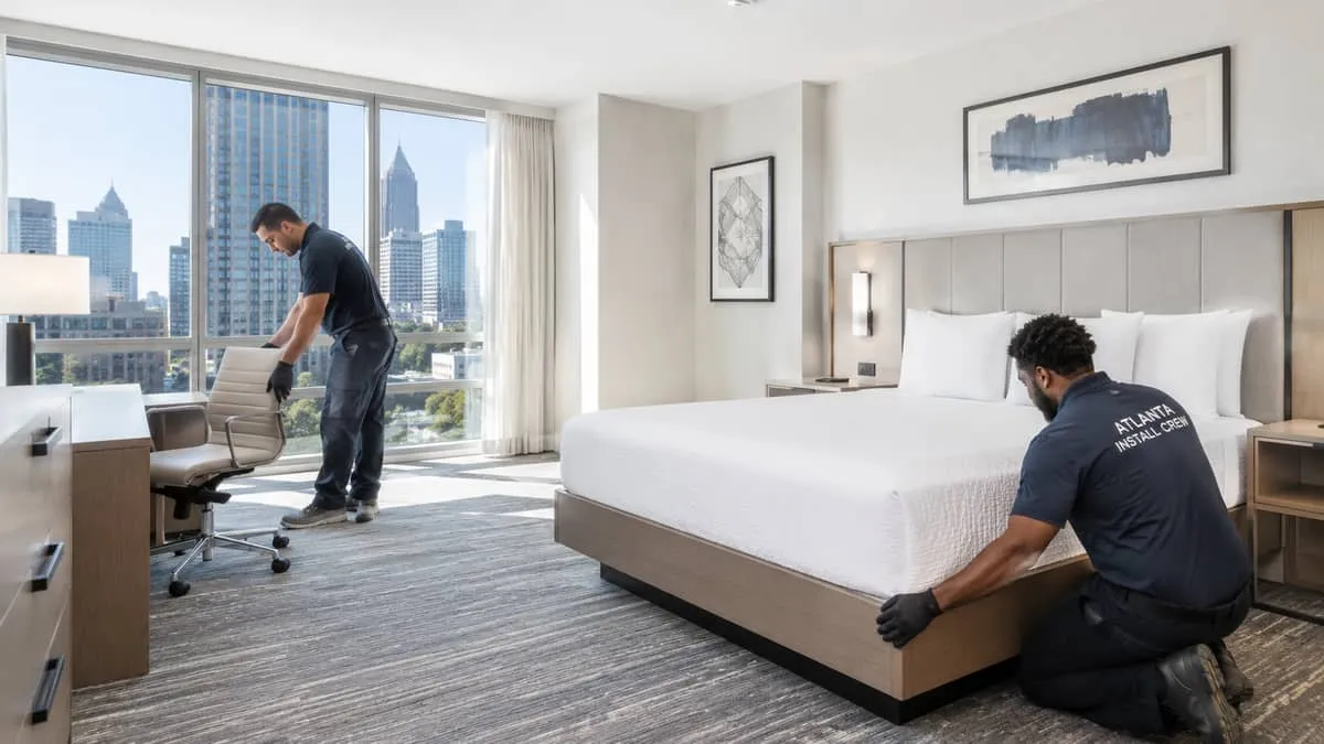 Hotel furniture delivery and installation in occupied Atlanta property showing white-glove logistics coordination