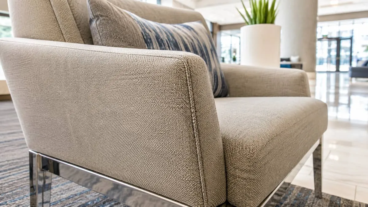 Buckhead boutique hotel lobby seating showing low-profile lounge chairs with leather accents and stone-referenced side tables in upscale contract-grade program