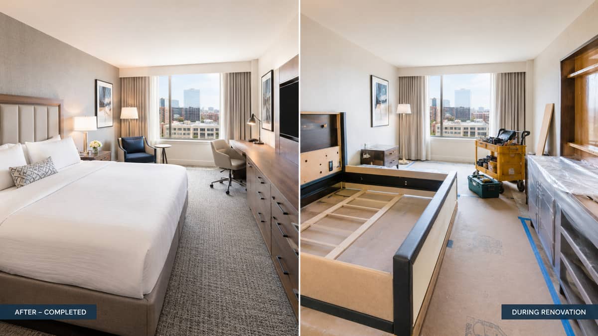 Renovated hotel guest room in Bend, OR showing updated casegoods and headboard finish matched to a Pacific Northwest design story