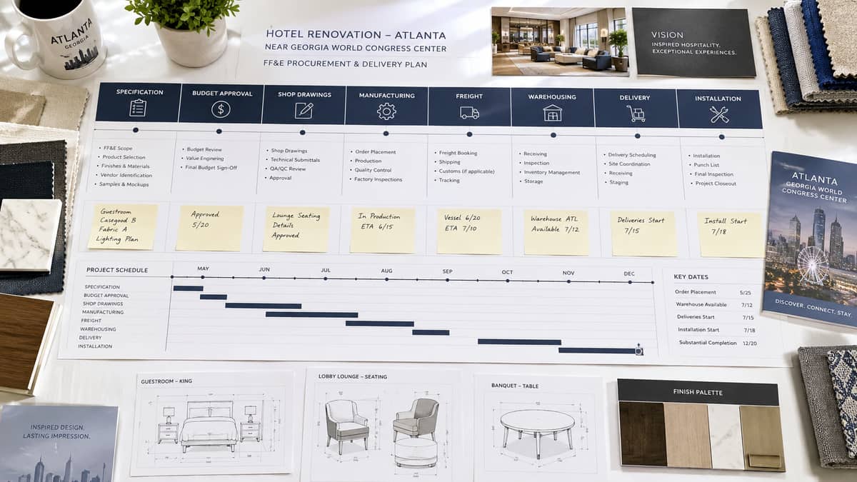 Boutique hotel renovation furniture in a downtown Augusta property showing design-forward contract-grade guestroom pieces