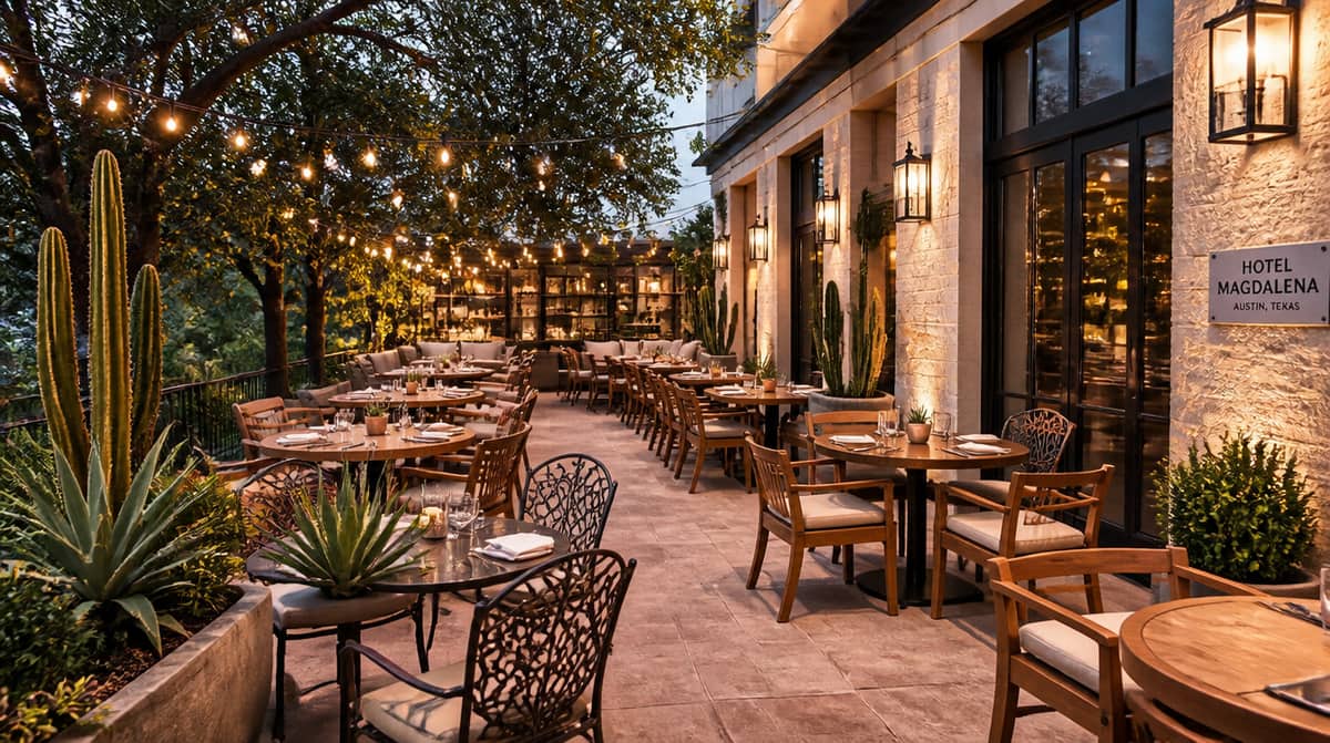 Downtown Augusta patio furniture showing matte charcoal powder-coat aluminum dining chairs with an industrial aesthetic suited to the Broad Street restaurant corridor
