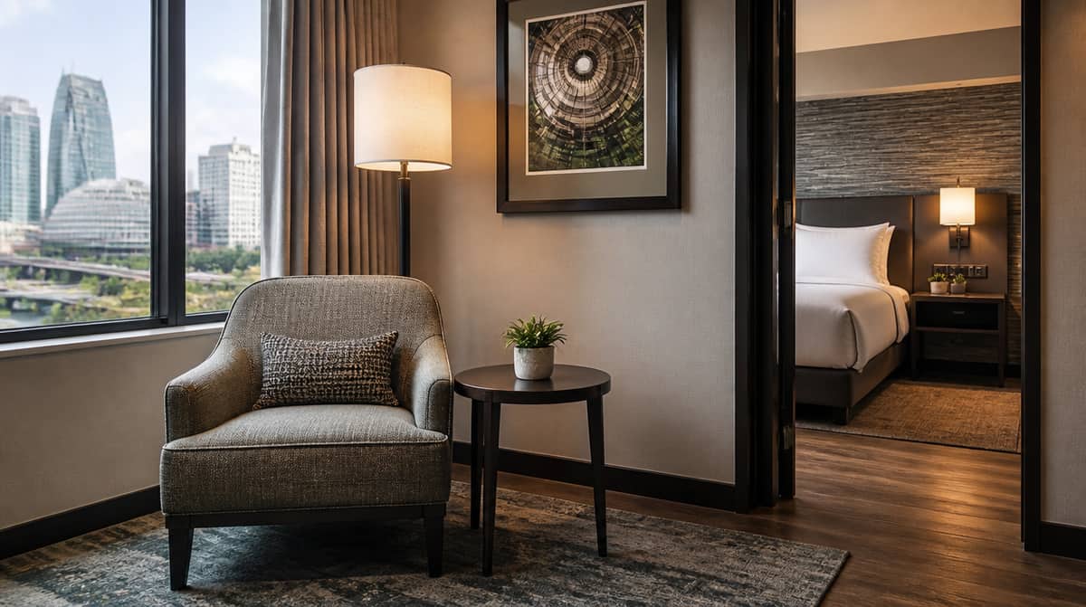 Hotel furniture in a Cheyenne interstate corridor property showing contract-grade casegoods and upholstered seating