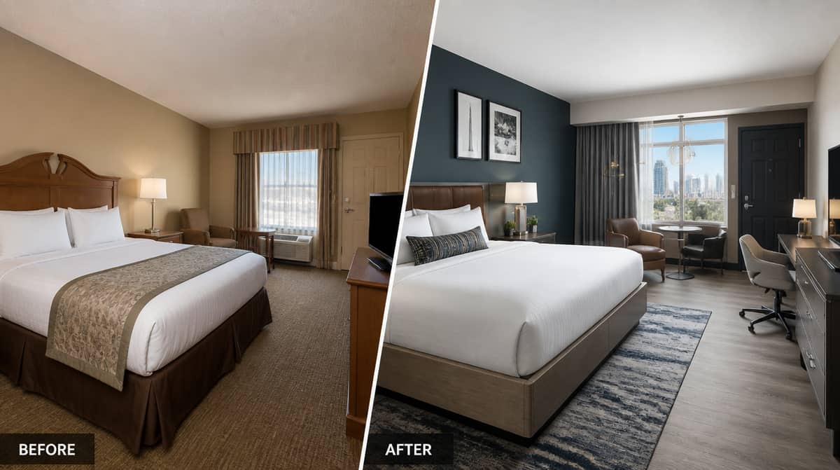 Hotel renovation furniture delivery staged in an occupied Cheyenne property corridor, showing phased FF&E procurement coordination