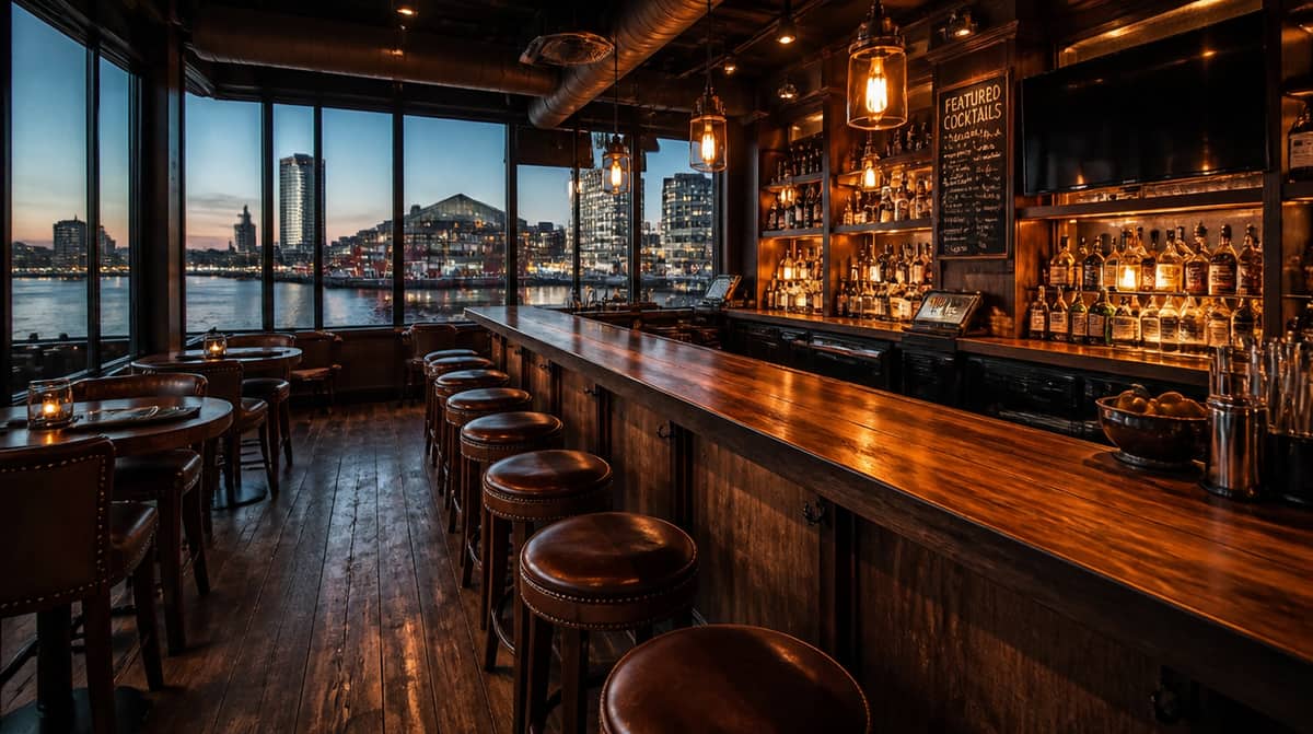 Historic Depot District lounge furniture in Cheyenne showing warm-toned upholstered seating paired with reclaimed wood and dark metal tables