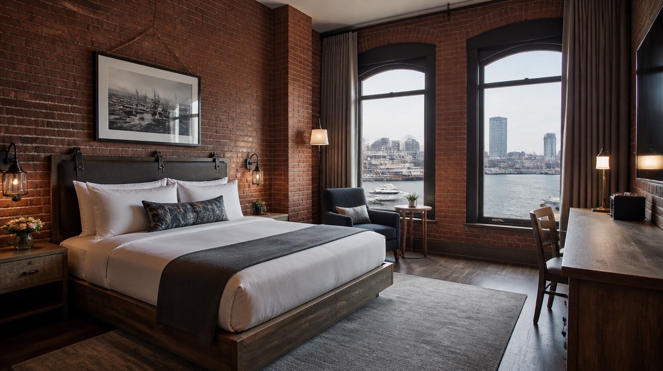 Cheyenne boutique hotel guestroom furnishings showing a cohesive Western-modern palette of wood tones and leather-look upholstery