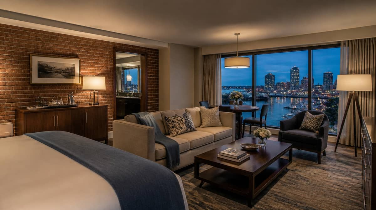 Contract-grade hotel guestroom furniture with reinforced frame construction and commercial upholstery in a Cheyenne property