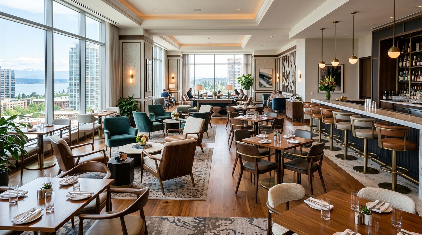 Kakaako Honolulu cocktail lounge furniture showing curved seating silhouettes with warm-toned upholstery and mixed-material tables