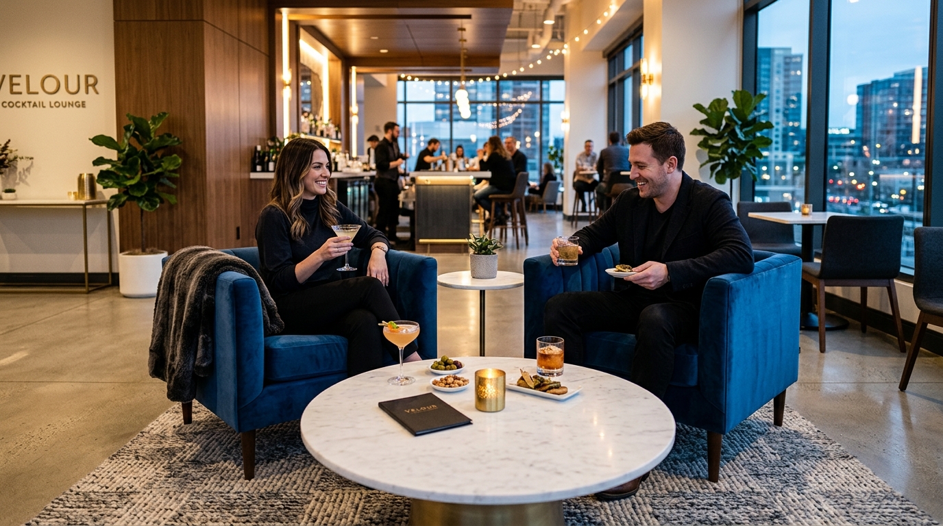 Front Street Hartford lounge seating showing upholstered barstools with contract-grade vinyl and powder-coated metal frames