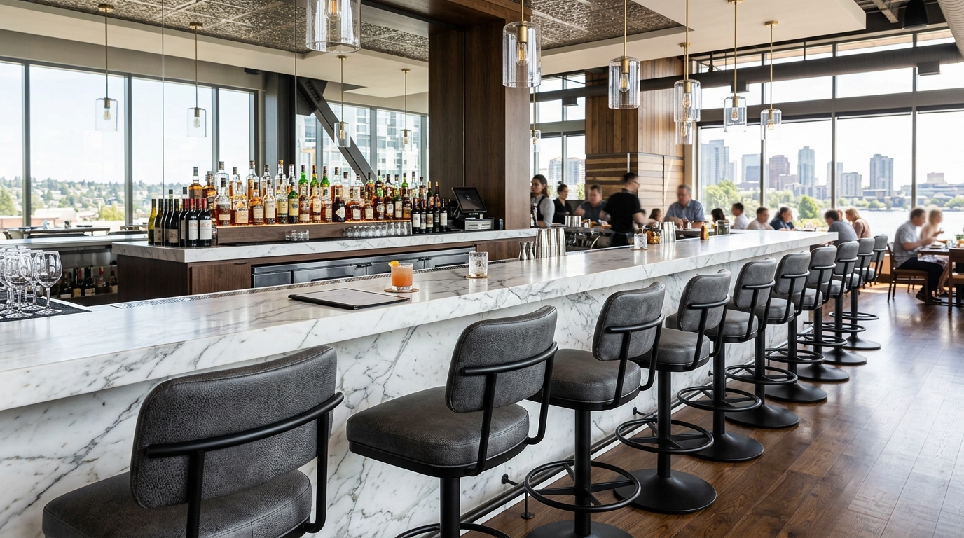 West Hartford Center cocktail lounge furniture showing curved seating with warm-toned upholstery and mixed-material cocktail tables