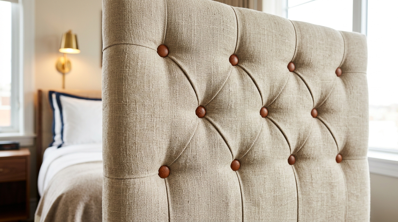 Boutique hotel furniture in a Sioux Falls warehouse district property showing contract-grade lounge seating with exposed brick backdrop